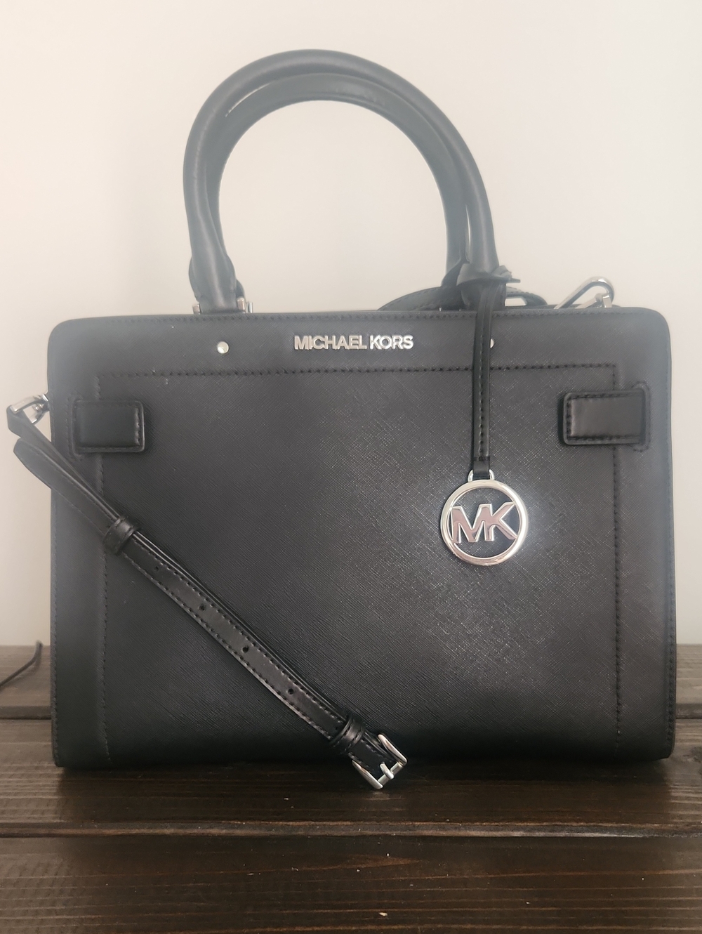 Michael Kors Black Saffiano Leather Top-Handle Satchel with MK Charm